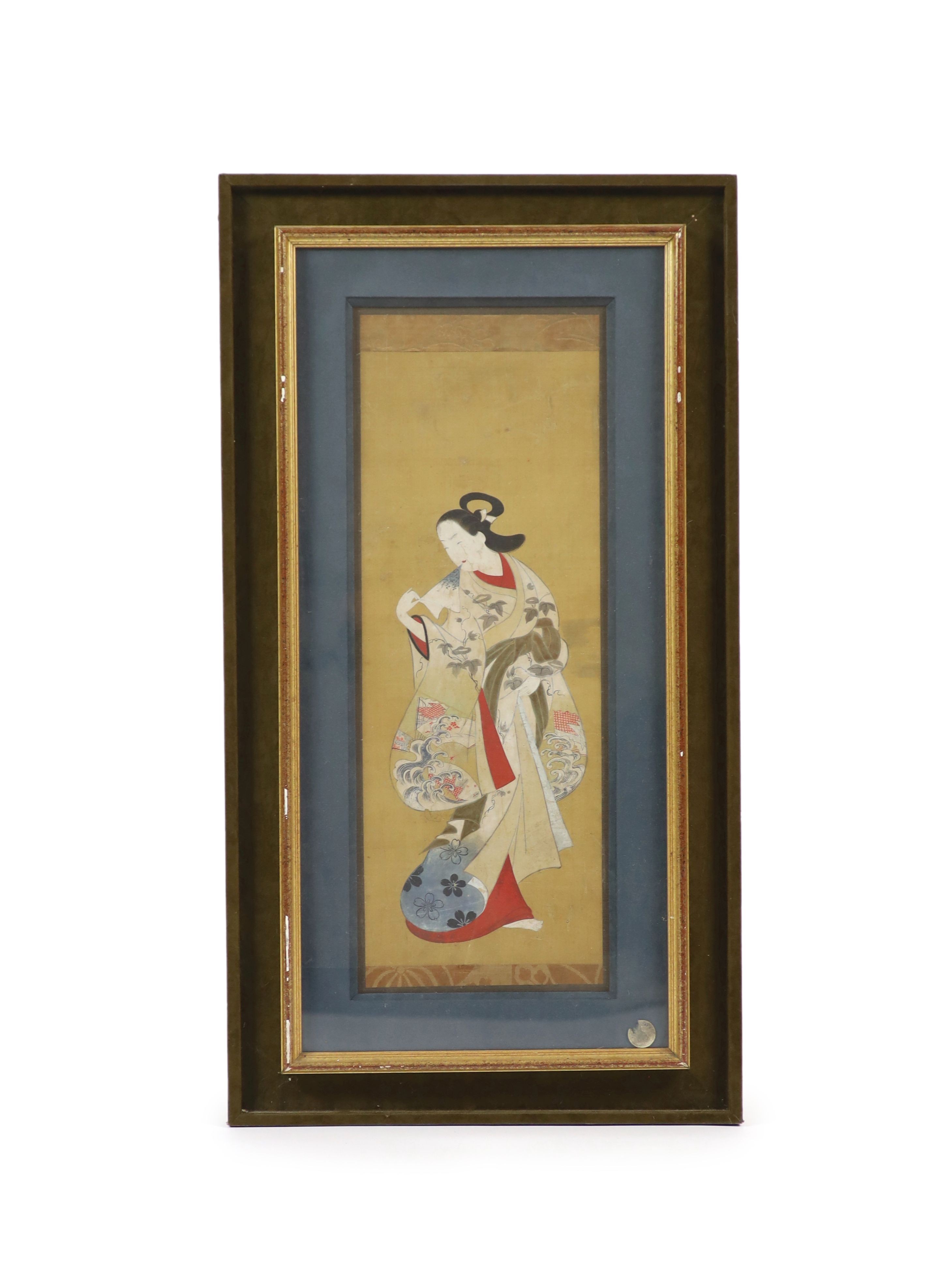 Japanese School, Edo period, painting on silk of a bijin, 61 x 21.5 cm, laid on board